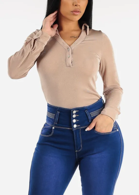 Long Sleeve Slinky Fitted Blouse Beige sold by Moda