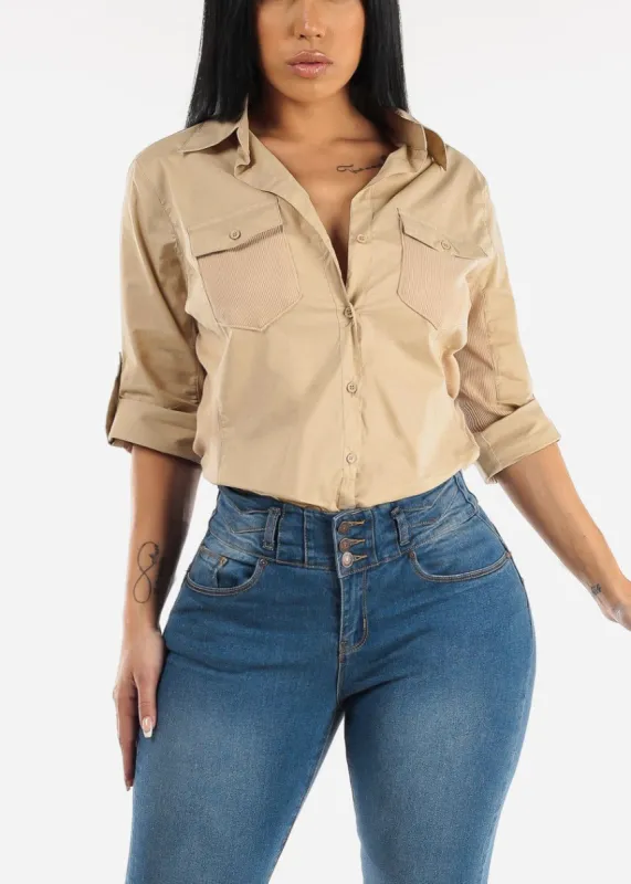 Quarter Sleeve Button Up Shirt Khaki w Contrast Panel sold by Moda