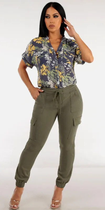 Olive Drawstring Waist Cargo Joggers with Short Sleeve Floral Button Up Navy Shirt sold by Moda