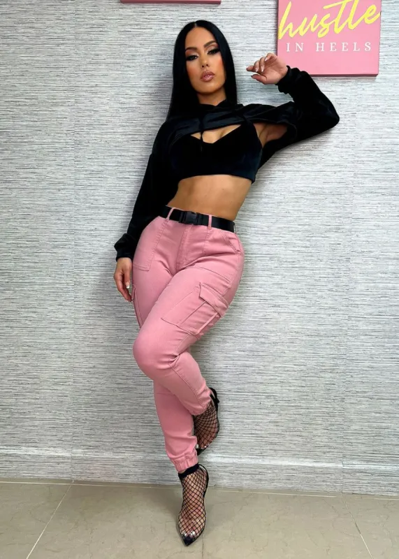 Hyper Stretch Cargo Mauve Jogger Pants with Belt sold by Moda