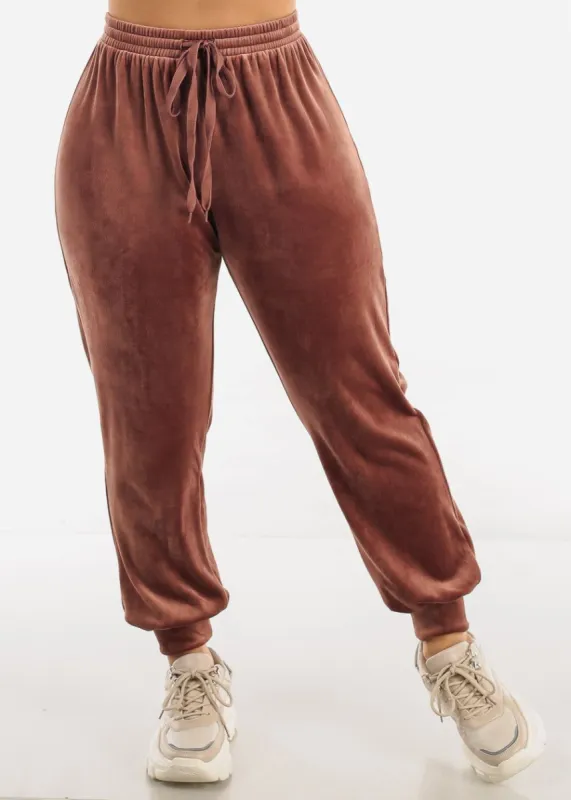 High Waisted Velour Jogger Pants Brown sold by Moda