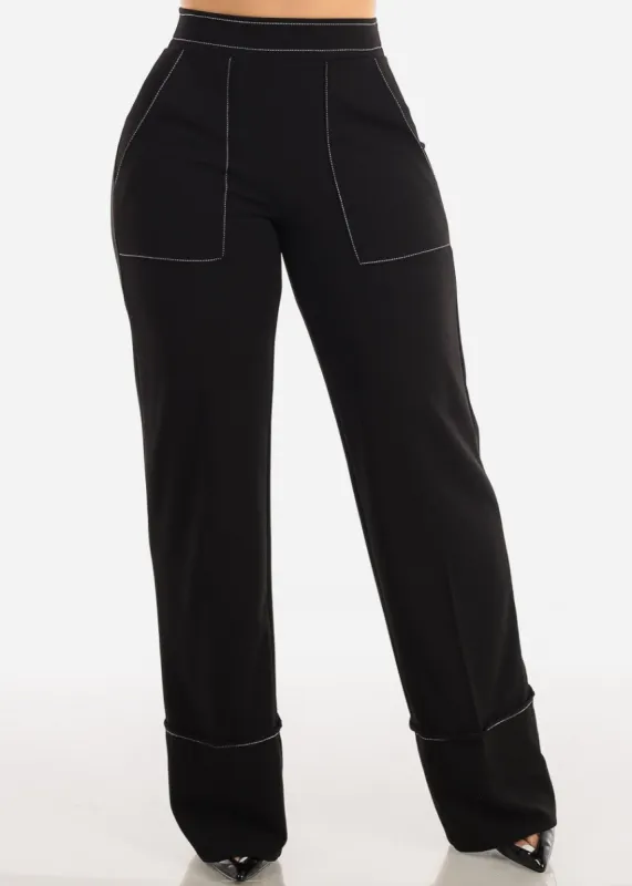 Black High Waist Wide Leg Formal Pants w Contrast Stitch sold by Moda