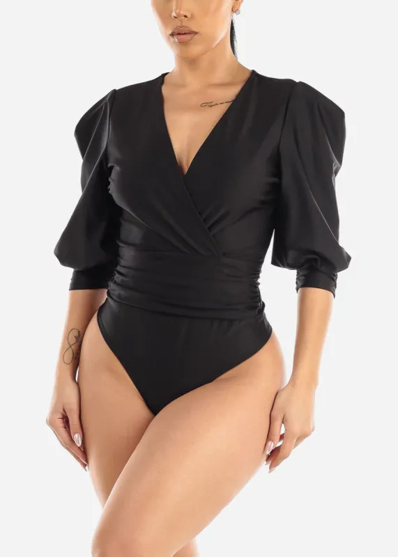 Black Quarter Sleeve Surplice Satin Thong Bodysuit sold by Moda