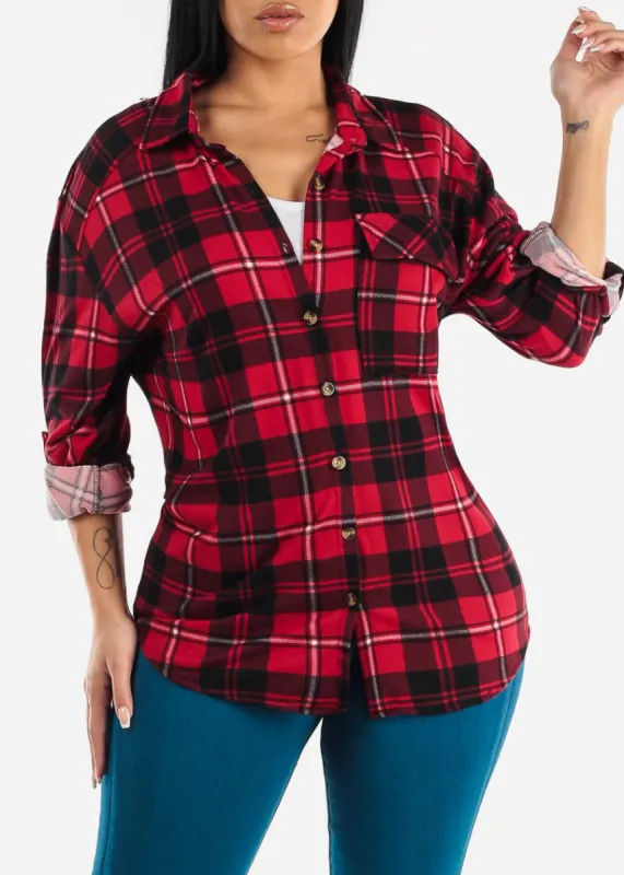 Long Sleeve Button Up Plaid Shirt Red & Black sold by Moda