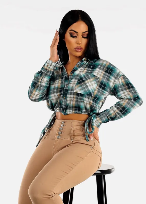 Long Sleeve Plaid Cropped Shirt Teal with Drawstring Waist sold by Moda