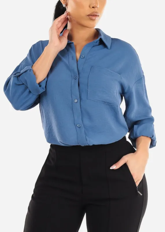 Long Sleeve Relaxed Fit Collared Blouse Blue sold by Moda