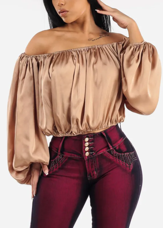 Taupe Off Shoulder Satin Crop Top sold by Moda