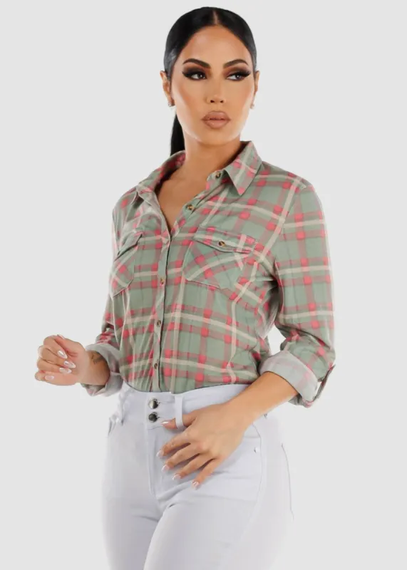 Long Sleeve Button Up Plaid Shirt Sage & Pink sold by Moda