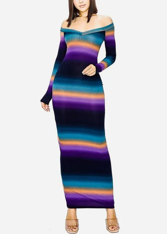 Sexy Off Shoulder Bodycon Stretchy Stripe Maxi Dress sold by Moda