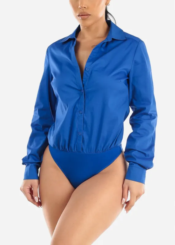 Long Sleeve Button Down Collared Bodysuit Royal Blue sold by Moda