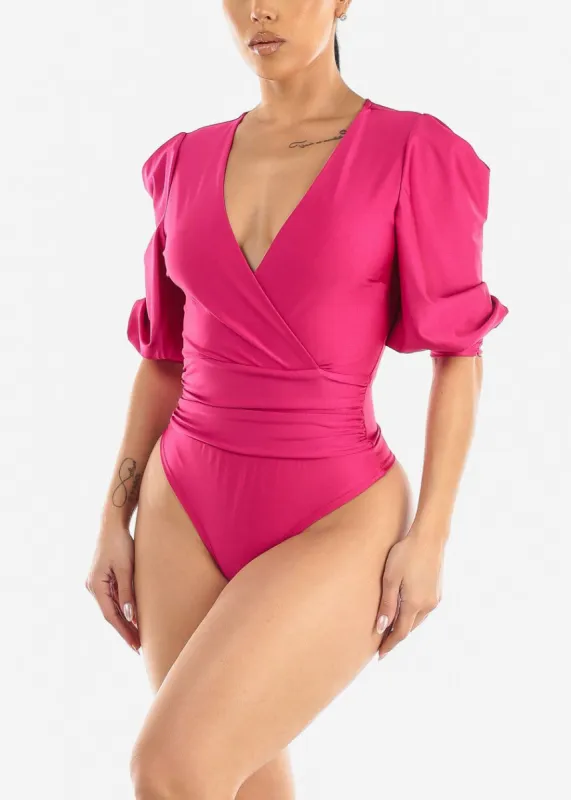 Quarter Sleeve Surplice Satin Thong Bodysuit Fuchsia sold by Moda