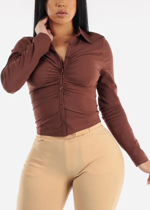Long Sleeve Button Up Shirt Brown w Ruched Front sold by Moda