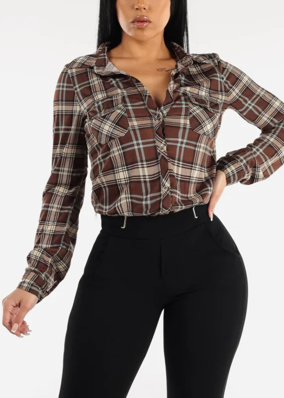 Long Sleeve Button Up Plaid Shirt Brown sold by Moda