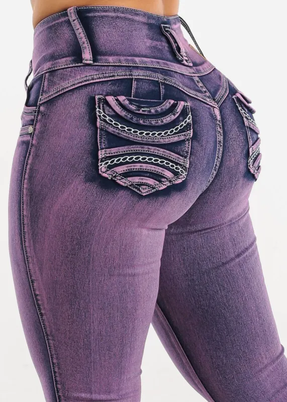 MX JEANS Butt Lift Chain Pocket Design Jeans Purple sold by Moda