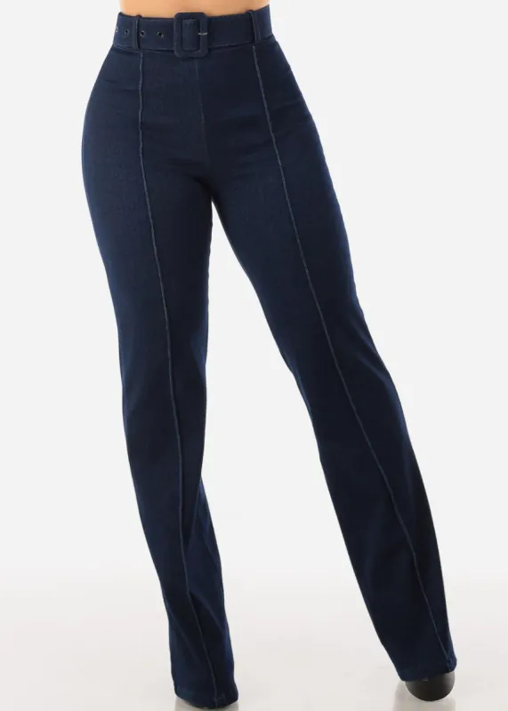 High Waist Denim Stretch Wide Leg Pants Dark Wash w Belt sold by Moda