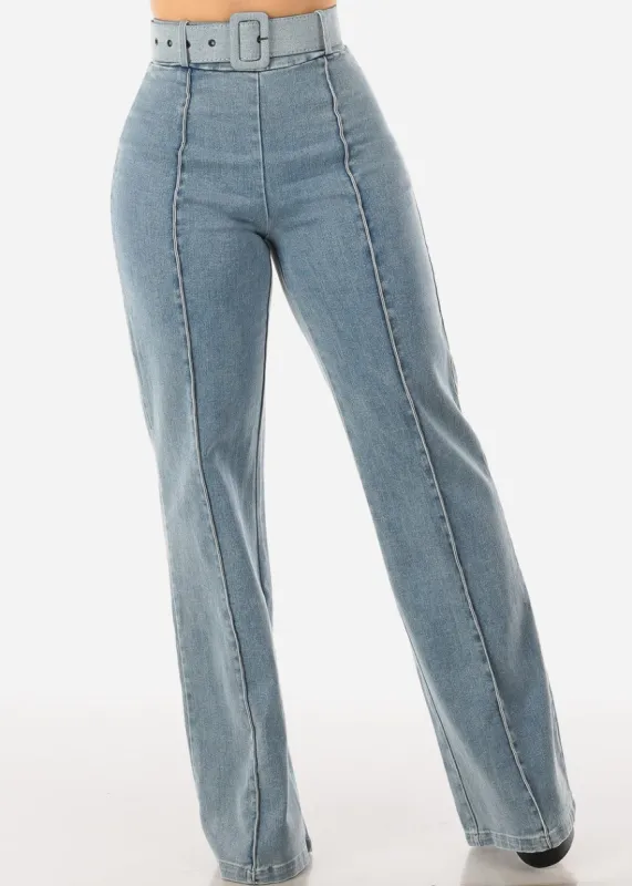High Waist Denim Stretch Wide Leg Pants Acid Wash w Belt sold by Moda