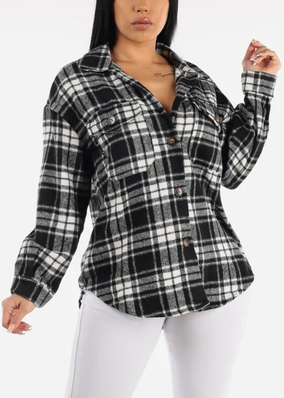 Button Up Plaid Shacket Black & White sold by Moda