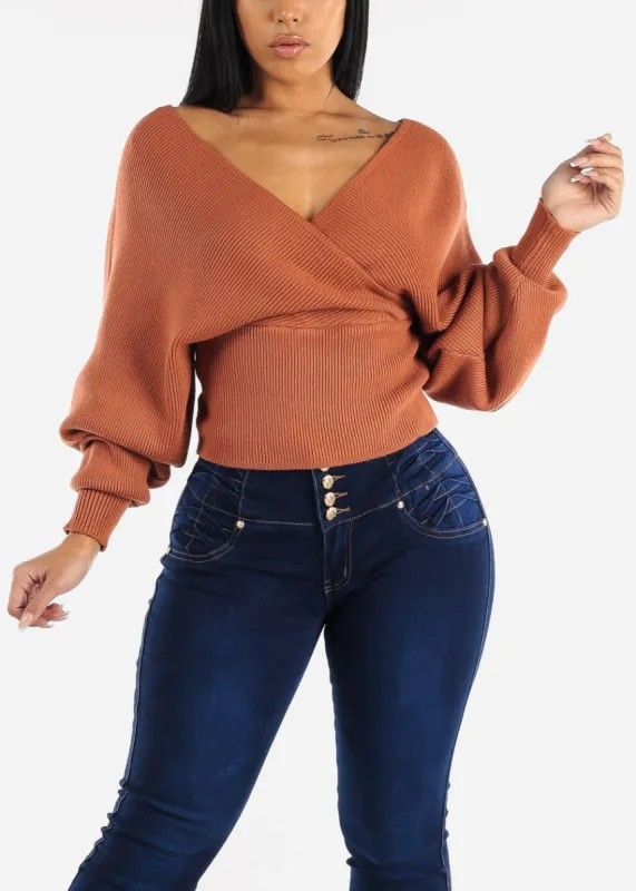 Long Sleeve Wrap Front Brick Sweater sold by Moda