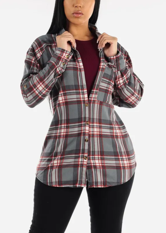 Grey Long Sleeve Button Up Plaid Shirt sold by Moda