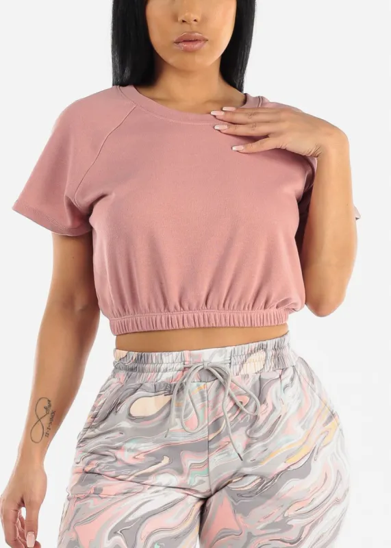 Short Sleeve French Terry Crop Top Pink sold by Moda