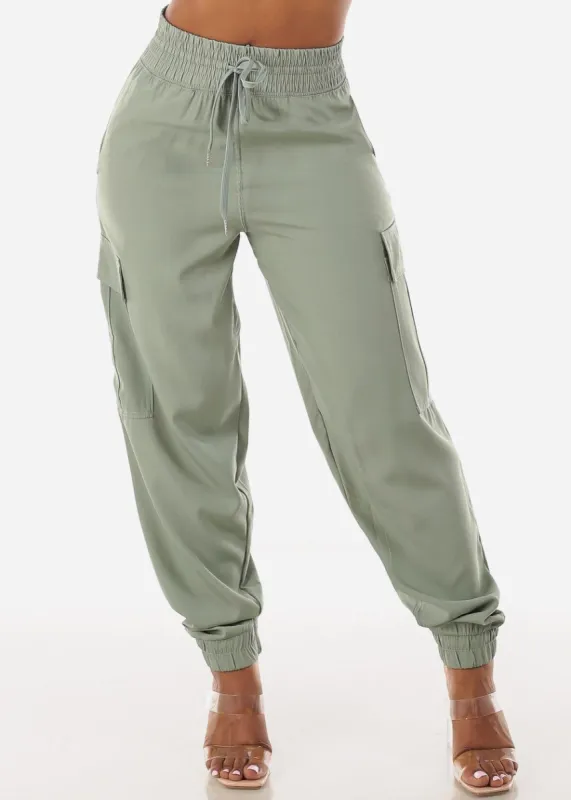 Thick Drawstring Waist Cargo Jogger Pants Sage sold by Moda