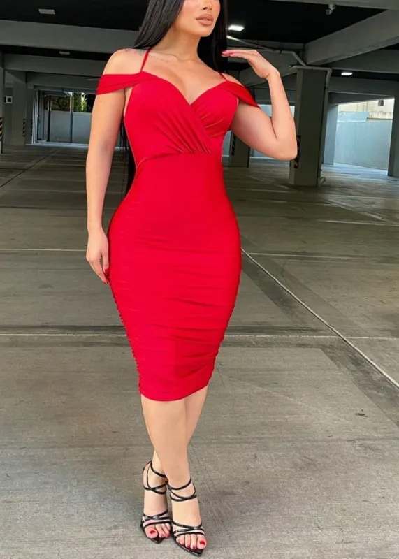 Sexy Red Off Shoulder Ruched Stretchy Midi Dress sold by Moda