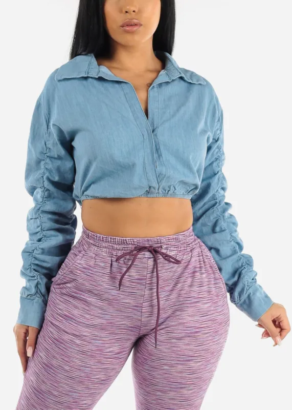 Long Ruched Sleeve Denim Crop Top Med Wash sold by Moda