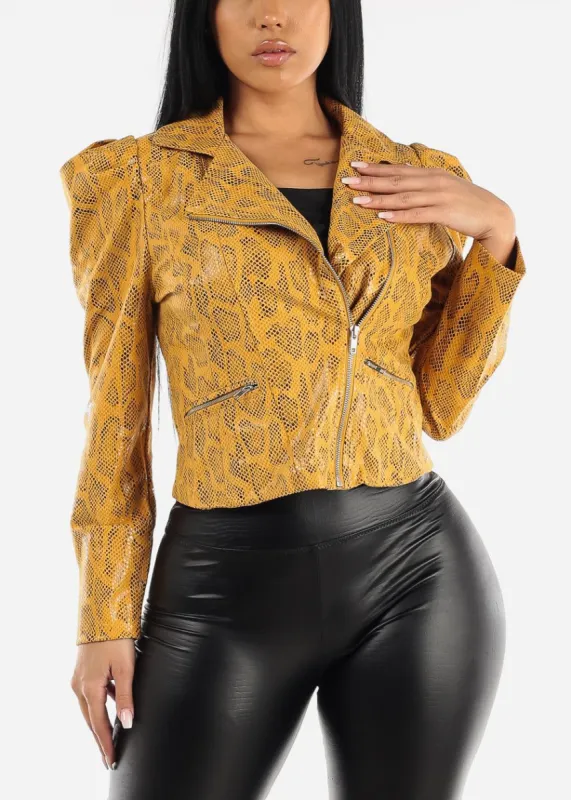 Zip Up Puff Sleeve Snake Print Jacket Mustard sold by Moda