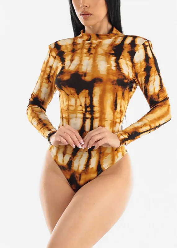Long Sleeve Tie Dye Thong Bodysuit Mustard w Low Open Back sold by Moda