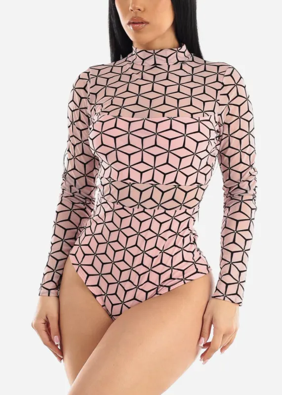 Long Sleeve Mock Neck Printed Mesh Bodysuit Light Pink sold by Moda
