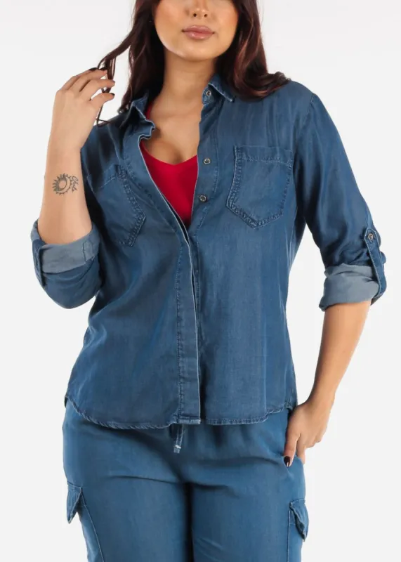 Dark Wash Button Up Shirt w Back Slit sold by Moda