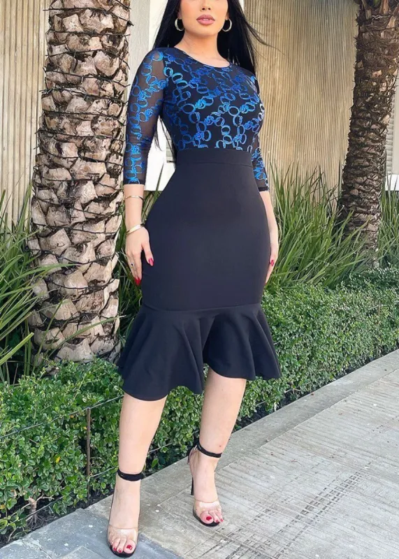 Black Peplum Bodycon Midi Dress with Shiny Blue Design sold by Moda