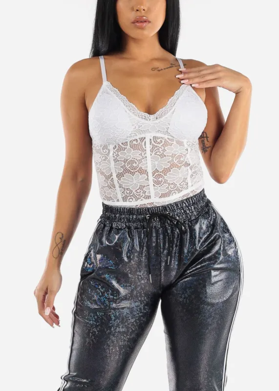 Padded Bust Floral Lace White Bodysuit sold by Moda