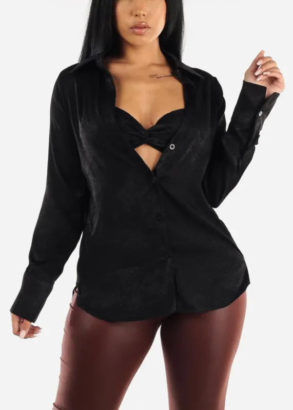 Button Up Shirt & Bralette Black (2 PCE SET) sold by Moda