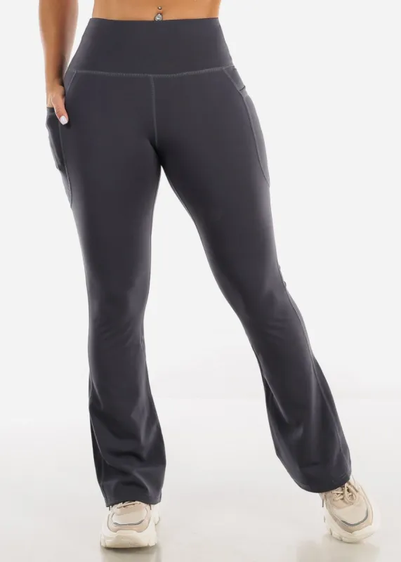 High Waisted Activewear Flared Leggings Dark Grey w Phone Pocket sold by Moda