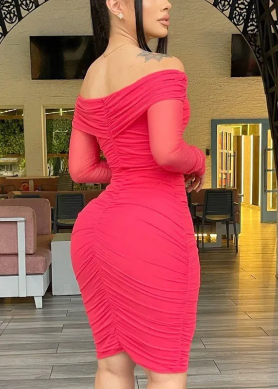 Sexy Off Shoulder Ruched Knee Length Coral Mesh Dress sold by Moda