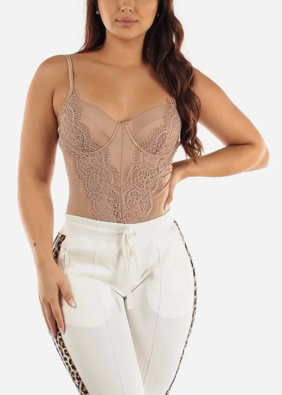 Satin Lace Thong Bodysuit Champagne sold by Moda