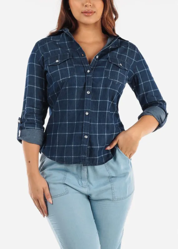 Long Sleeve Denim Shirt Dark Blue sold by Moda