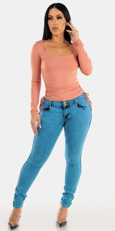 Teal Push Up Skinnies Peach Set sold by Moda