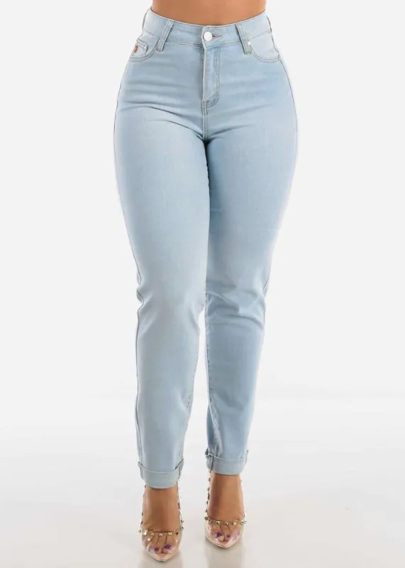 High Waisted Cuffed Skinny Jeans Light Wash sold by Moda