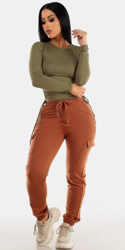 Brown High Waisted Cargo Jogger Pants with Olive Ruched Sides Long Sleeve Top sold by Moda
