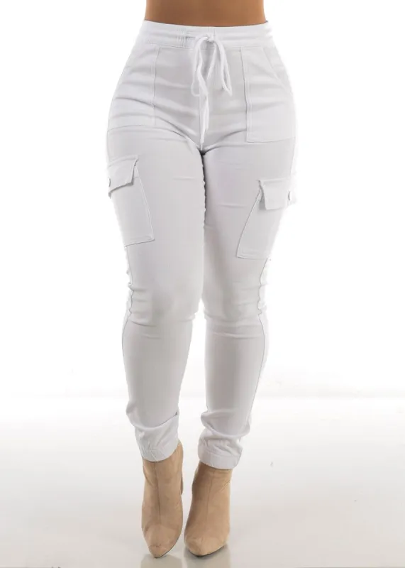 High Rise Drawstring Cargo Pants White sold by Moda