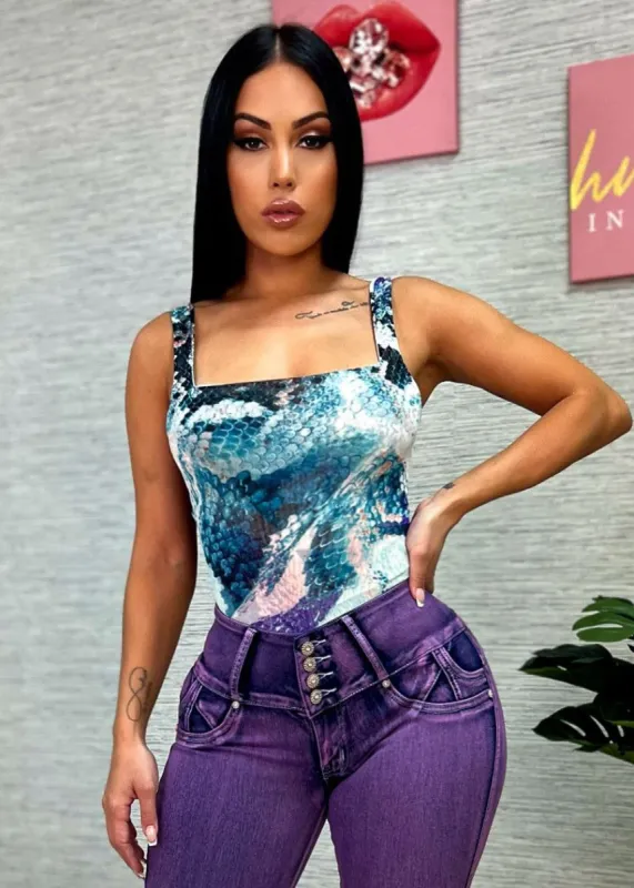 Sleeveless Mesh Bodysuit Blue Print sold by Moda