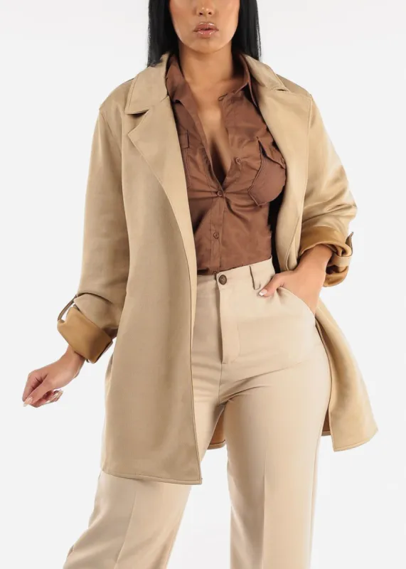 Beige Long Sleeve Suede Coat sold by Moda