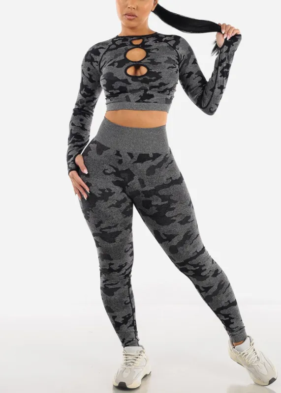 Activewear Camo Crop Top & Leggings Charcoal (2 PCE SET) sold by Moda
