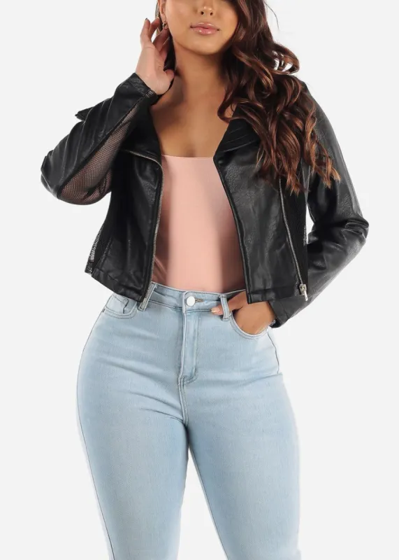 Zip Up Black Blazer w Mesh Detail sold by Moda