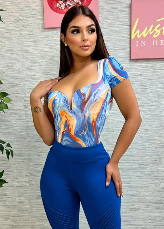 Short Sleeve V Neck Blue Marble Bodysuit sold by Moda