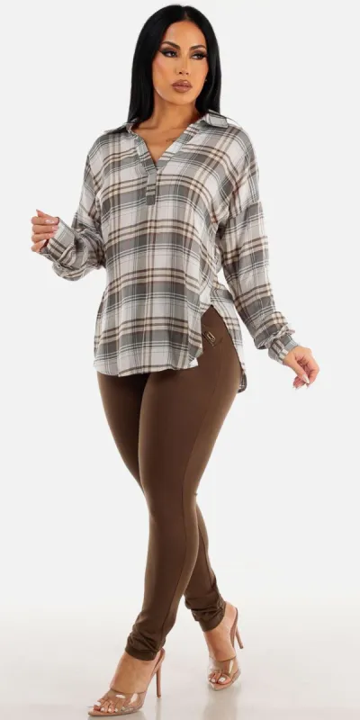 Mid Rise Olive Skinny Pants with Vneck Long Sleeve Plaid Shirt sold by Moda