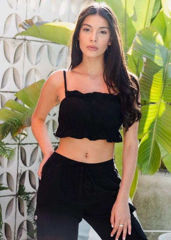 Sleeveless Ruffled Crop Top Linen Pima Cotton Black sold by Moda