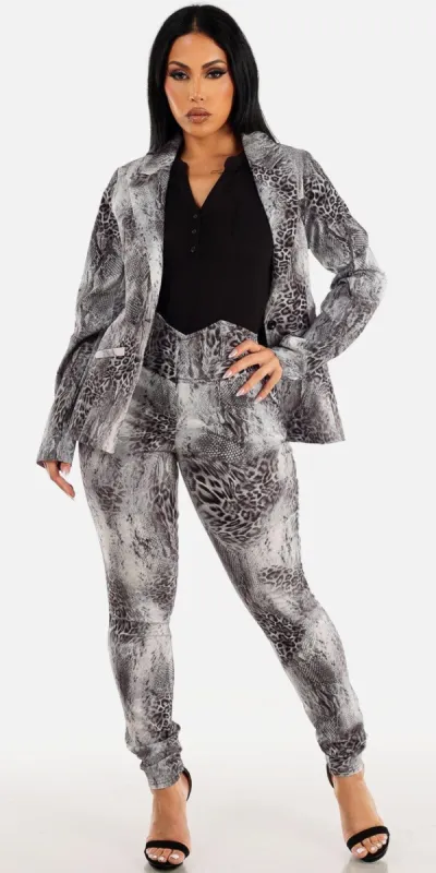 Animal Print High Waist Skinny Pants Long Sleeve Black Blouse and Long Sleeve Animal Print Blazer made by Moda